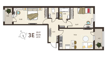 2-к. квартира, 67 м²