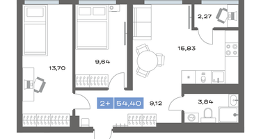 2-к. квартира, 54&nbsp;м²