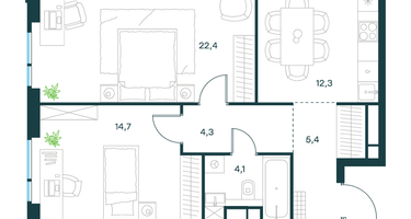 2-к. квартира, 63&nbsp;м²