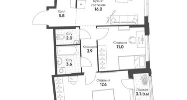 2-к. квартира, 61&nbsp;м²