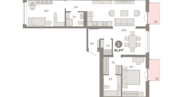 2-к. квартира, 95 м²