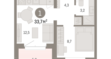1-к. квартира, 33 м²