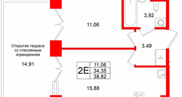 1-к. квартира, 34&nbsp;м²