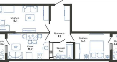 2-к. квартира, 62&nbsp;м²