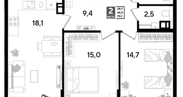 2-к. квартира, 69&nbsp;м²