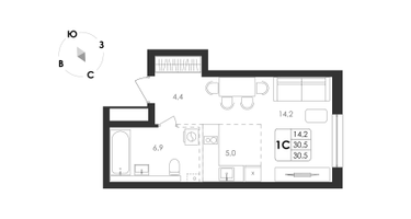 1-к. квартира, 30 м²