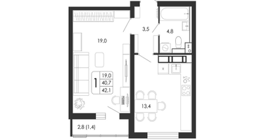 1-к. квартира, 42&nbsp;м²