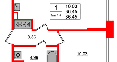 1-к. квартира, 36 м²