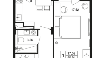 1-к. квартира, 40 м²