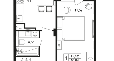 1-к. квартира, 40&nbsp;м²