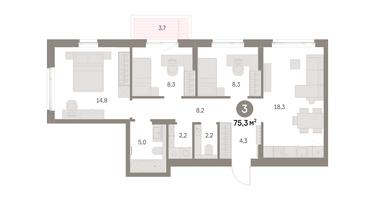 3-к. квартира, 75&nbsp;м²