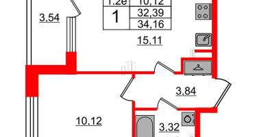 1-к. квартира, 32&nbsp;м²
