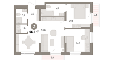 2-к. квартира, 65 м²