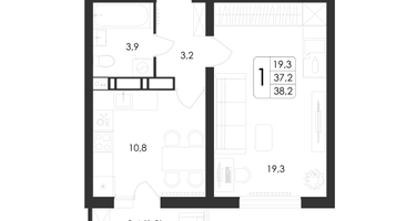 1-к. квартира, 38 м²