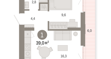 1-к. квартира, 39 м²