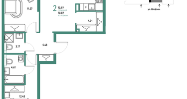 2-к. квартира, 73&nbsp;м²