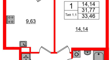 1-к. квартира, 31&nbsp;м²