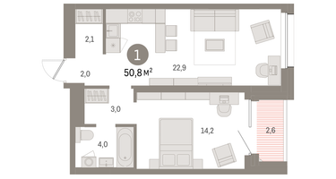 1-к. квартира, 50 м²