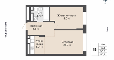1-к. квартира, 50&nbsp;м²