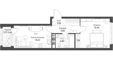 1-к. квартира, 46&nbsp;м²
