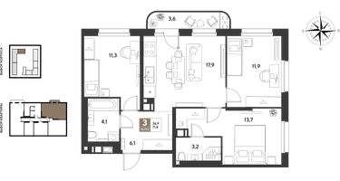 3-к. квартира, 71&nbsp;м²