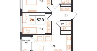 2-к. квартира, 57&nbsp;м²