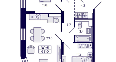 3-к. квартира, 63&nbsp;м²