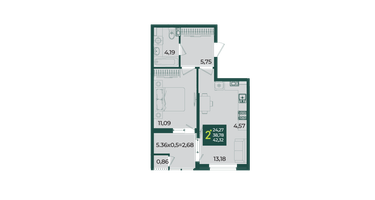 2-к. квартира, 42&nbsp;м²