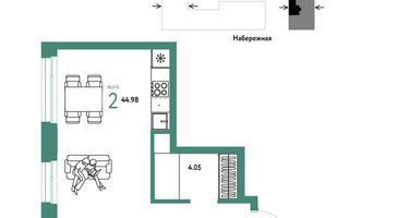 2-к. квартира, 44 м²