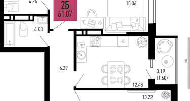 2-к. квартира, 61&nbsp;м²