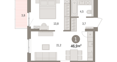 1-к. квартира, 46 м²
