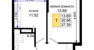 1-к. квартира, 37&nbsp;м²