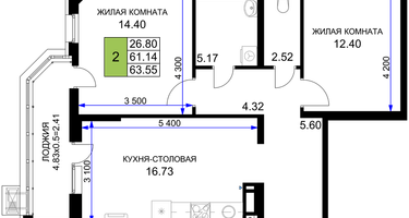 2-к. квартира, 63&nbsp;м²