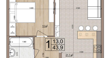 1-к. квартира, 43&nbsp;м²