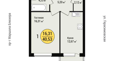 1-к. квартира, 40 м²