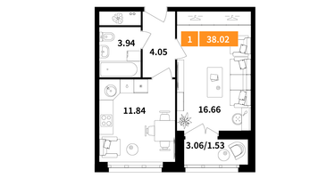 1-к. квартира, 38 м²
