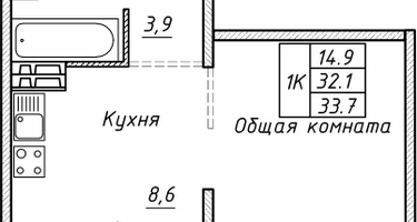 1-к. квартира, 33 м²