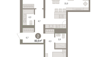 2-к. квартира, 83&nbsp;м²