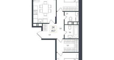 2-к. квартира, 60&nbsp;м²