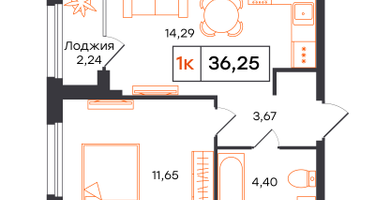 1-к. квартира, 36&nbsp;м²