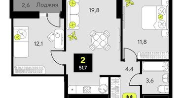 2-к. квартира, 51&nbsp;м²