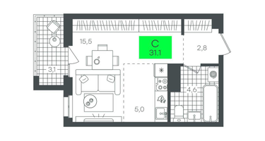 Студия, 31 м²