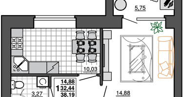 1-к. квартира, 38&nbsp;м²