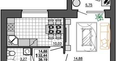 1-к. квартира, 38&nbsp;м²