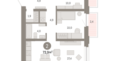 2-к. квартира, 73 м²