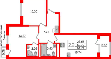 2-к. квартира, 52&nbsp;м²
