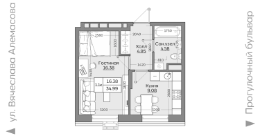 1-к. квартира, 34 м²