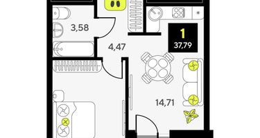 1-к. квартира, 37&nbsp;м²