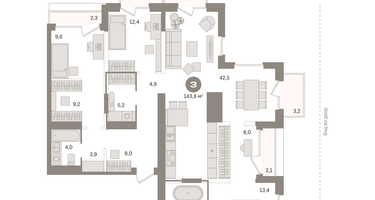 3-к. квартира, 143 м²