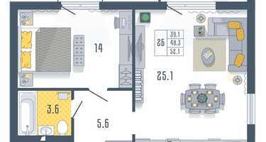 1-к. квартира, 52&nbsp;м²